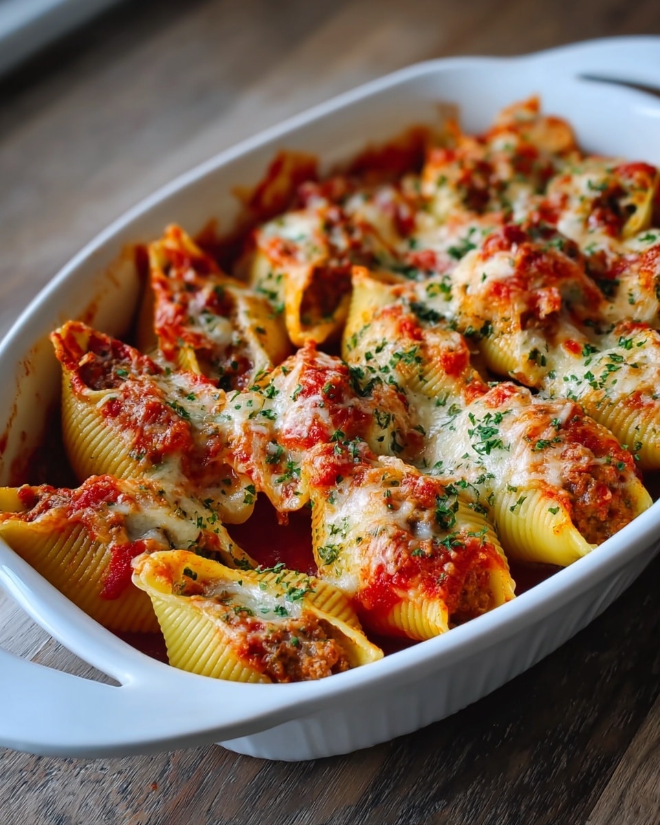 The image shows a white ceramic baking dish filled with large pasta shells stuffed with a meat filling. Each pasta shell is covered with a layer of melted cheese that is golden and bubbly, topped with a red tomato sauce and sprinkled with chopped green herbs for freshness. The pasta shells have a ridged texture and the filling is slightly visible inside. The dish is set on a wooden table, though in the description the surface should be white marble. photo taken with an iphone --ar 4:5 --v 7