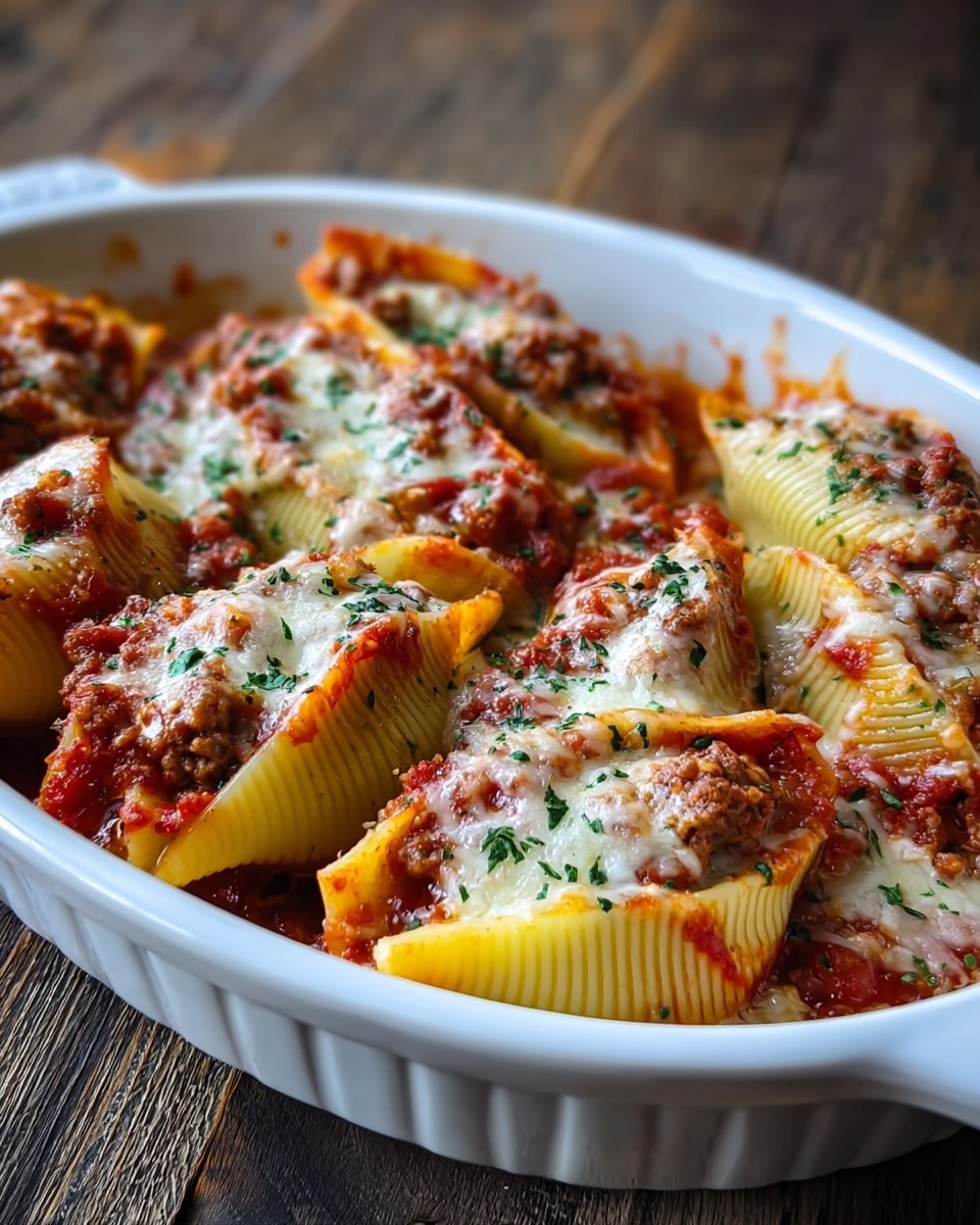 A white baking dish holds several large pasta shells stuffed with a brown meat filling. Each shell is topped with melted white cheese and red tomato sauce, creating a mix of creamy and saucy textures. The shells are garnished with sprinkled green herbs, adding fresh color contrast. The dish is placed on a wooden surface, emphasizing the rich and hearty look of the baked stuffed pasta. photo taken with an iphone --ar 4:5 --v 7