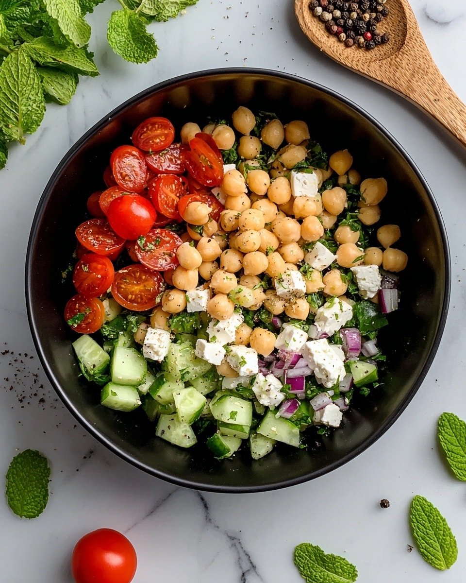 A black bowl filled with a fresh salad showing three main layers: the bottom layer has chopped green cucumbers and small pieces of dark green parsley, the middle layer is full of round, pale beige chickpeas, and the top layer shows bright red halved cherry tomatoes and scattered white chunks of feta cheese sprinkled with black pepper bits. There are small pieces of purple onion on one side. Around the bowl on a white marbled surface are fresh green mint leaves, black peppercorns, a wooden spoon with peppercorns, and a single whole cherry tomato. photo taken with an iphone --ar 4:5 --v 7