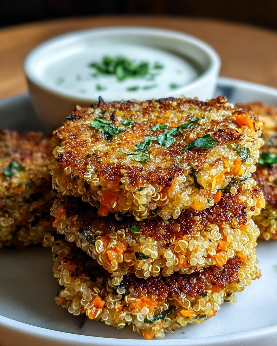 A close-up of three round, golden-brown quinoa patties stacked slightly overlapping on a white plate, each patty showing visible cooked quinoa grains mixed with small bits of orange carrot and green herbs. The patties have a crispy texture with some parts more browned and a few small green herb pieces scattered on top. Behind the stack, a white bowl with creamy white sauce topped with green herbs is partially visible. The setting is on a white marbled surface. photo taken with an iphone --ar 4:5 --v 7