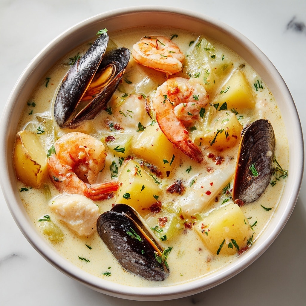 A close-up view of creamy seafood chowder in a white bowl, showing several layers and textures inside the thick, light beige soup. The top layer features pink-orange shrimp with a slight gloss, surrounded by small, green herb flecks scattered throughout. There are chunks of light golden potato pieces with skins, and tender white fish cubes with browned edges adding a firm texture. Small black mussel shells peek through the broth, which has a smooth, creamy surface with a few fine spices. The bowl sits on a white marbled surface. photo taken with an iphone --ar 4:5 --v 7