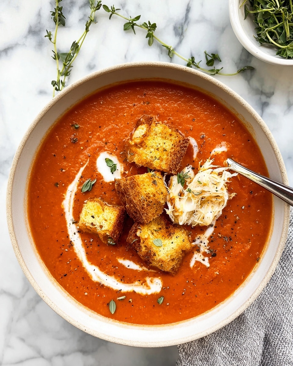 A bowl filled with thick, smooth tomato soup in a rich orange-red color forms the base layer. On top, a swirl of white cream is gently mixed into the surface, creating light streaks. Several large golden-brown toasted bread cubes with a crunchy texture sit in the center. Small bits of white shredded cheese or crab meat are scattered around the bread. Tiny green herb leaves and specks of black pepper are sprinkled across the soup for garnish. The bowl is placed on a white marbled surface with fresh green thyme sprigs nearby and a small white bowl with green leaves in the background. A silver spoon rests inside the soup bowl. photo taken with an iphone --ar 4:5 --v 7