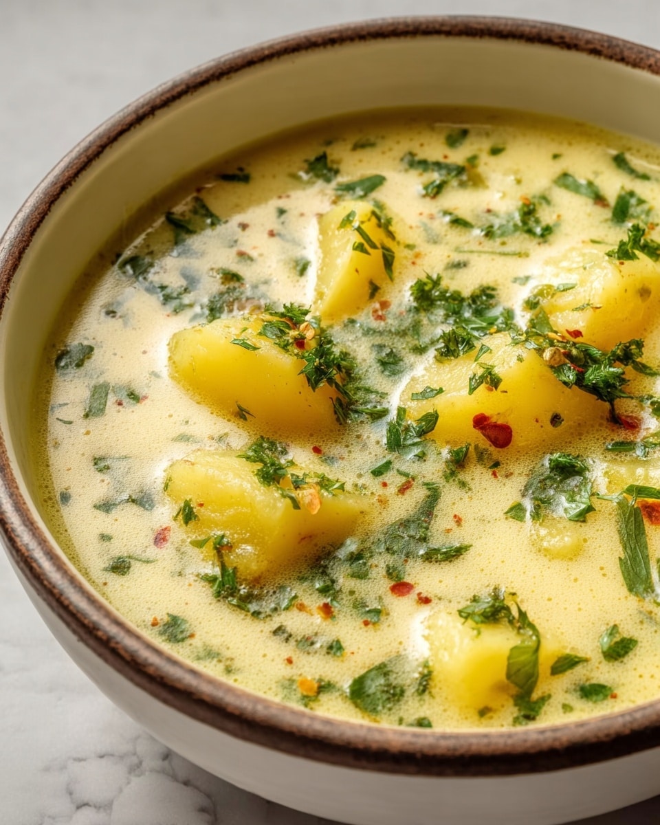 The image shows a close-up of a white bowl filled with a creamy yellow soup that has a smooth, slightly frothy texture on top. Inside the soup, several soft yellow potato chunks are scattered evenly, slightly submerged in the broth. Bright green chopped herbs, likely cilantro or parsley, are sprinkled generously across the surface, adding a fresh, vibrant contrast. The bowl sits on a white marbled surface, and the lighting highlights the glossy and fresh nature of the soup. photo taken with an iphone --ar 4:5 --v 7