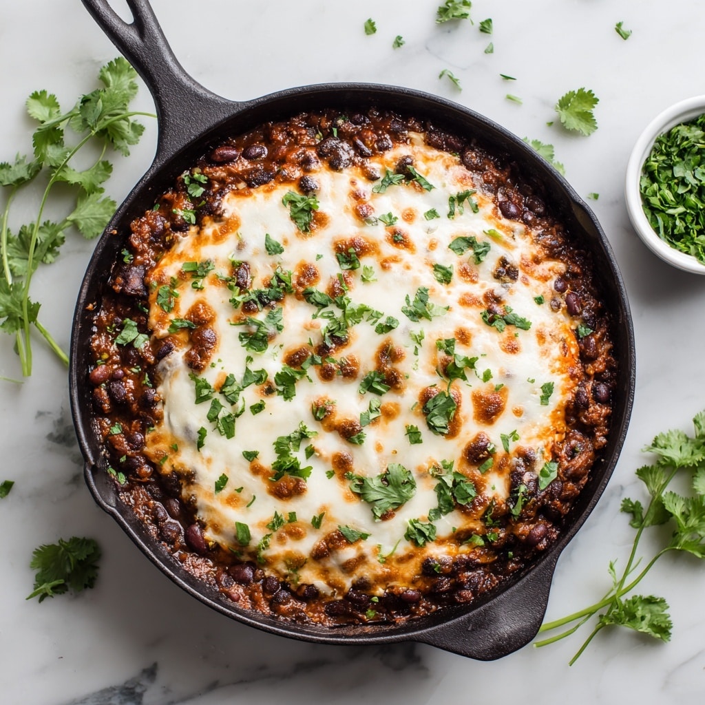The dish is a baked casserole in a black cast iron skillet set on a white marbled surface. The bottom layer is a thick, dark brown chili base with visible kidney beans and a rich, chunky texture. On top, there is a thick, even layer of melted cheese, creamy white with golden brown spots from baking, covering the chili fully except around the edges where the chili peeks through. Bright green chopped cilantro is sprinkled over the cheese, adding a fresh, colorful contrast. Small bowls with extra chopped cilantro are nearby. Photo taken with an iphone --ar 4:5 --v 7