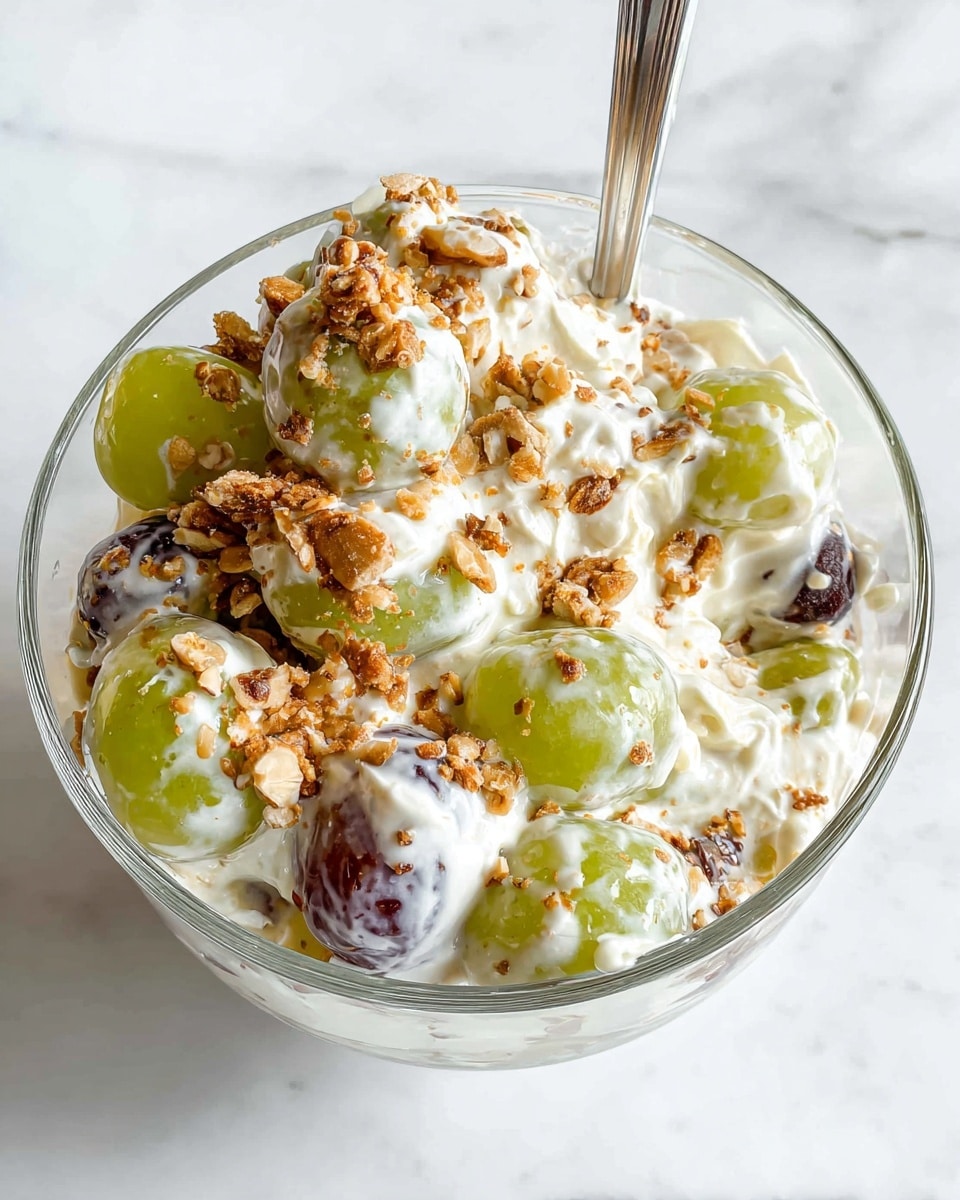 A clear glass bowl filled with a layered grape salad sits on a white marbled surface. The first layer shows green and purple grapes coated in a thick, creamy white dressing. On top, there is a generous sprinkling of crumbled light brown nuts and crumbs, adding texture and a contrast of color. The grapes are shiny and smooth, partly covered by the creamy layer, while the nut topping is coarse and scattered evenly across the top. The bowl’s edge is clear, showing the layers inside well. photo taken with an iphone --ar 4:5 --v 7