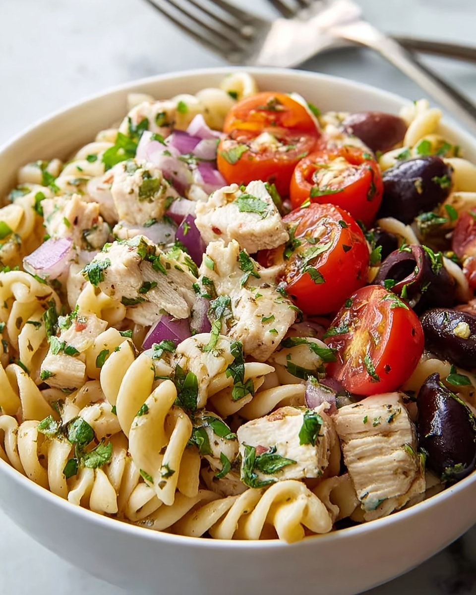A white bowl filled with a pasta salad showing two types of pasta, twisted rotini and straight macaroni, both in a pale yellow color. Scattered throughout are chunky white pieces of chicken, dark purple olives, halved bright red cherry tomatoes, and small pieces of purple red onion. The salad is garnished with fresh green basil leaves and finely chopped herbs, giving a fresh and colorful look. The surface under the bowl is a white marbled texture, and two shiny silver forks are placed inside the bowl. photo taken with an iphone --ar 4:5 --v 7