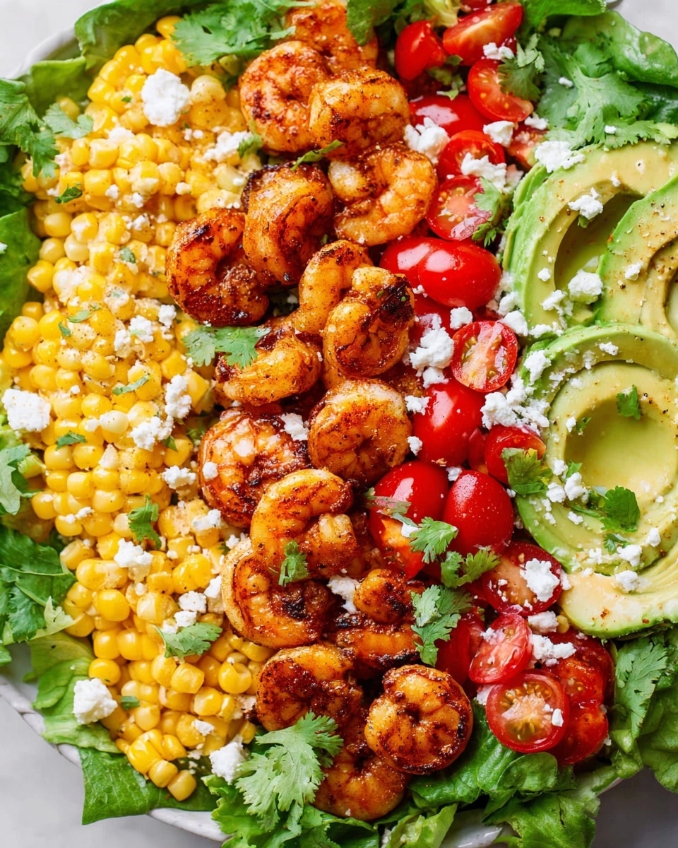 A white plate holds a fresh shrimp salad on a white marbled surface. The base layer is large green lettuce leaves spread out flat. On top, there are golden grilled shrimp scattered mostly on the right side, looking juicy with a light glaze. To the left of the shrimp is a cluster of yellow grilled corn kernels with some sprinkles of white crumbly cheese. Above the corn, there are halved red cherry tomatoes arranged in a row. Next to the tomatoes on the top right, there are slices of light green avocado fanned out. Fresh green cilantro leaves are scattered over the entire plate. A glass jar of reddish dressing with a spoon is visible in the top left corner. Photo taken with an iphone --ar 4:5 --v 7