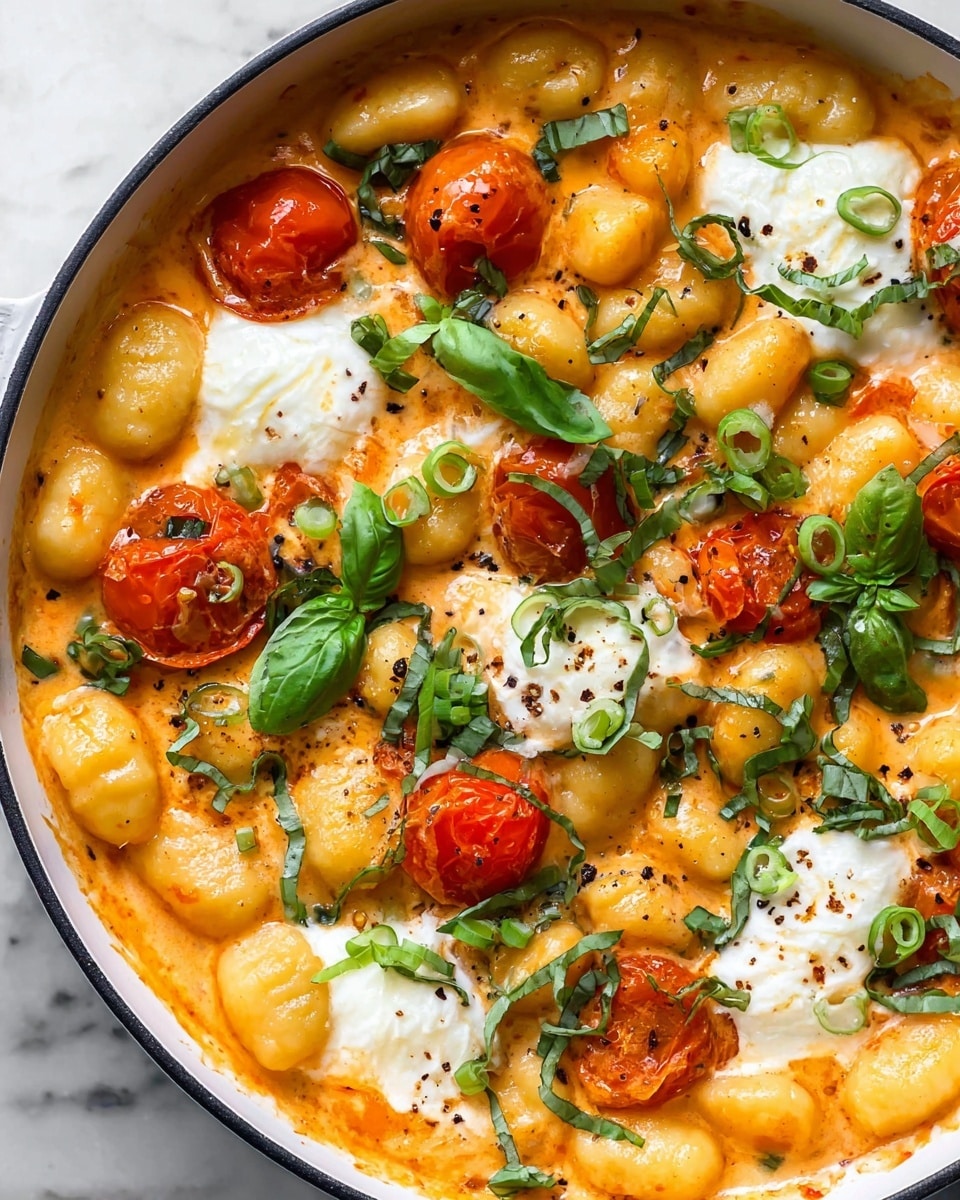 The image shows a bowl of gnocchi in a creamy orange sauce, with bright red cherry tomatoes scattered throughout. The bowl is white with a brown rim, placed on a green speckled plate on a white marbled surface. There are three dollops of white cheese or cream on top of the gnocchi, sprinkled lightly with black pepper and red chili flakes. Fresh green basil leaves are placed on one side, adding a pop of color. A gold spoon is partially dipped inside the bowl. In the background, there is a small brown bowl with chili flakes and another similar bowl of gnocchi partly visible. Photo taken with an iphone --ar 4:5 --v 7