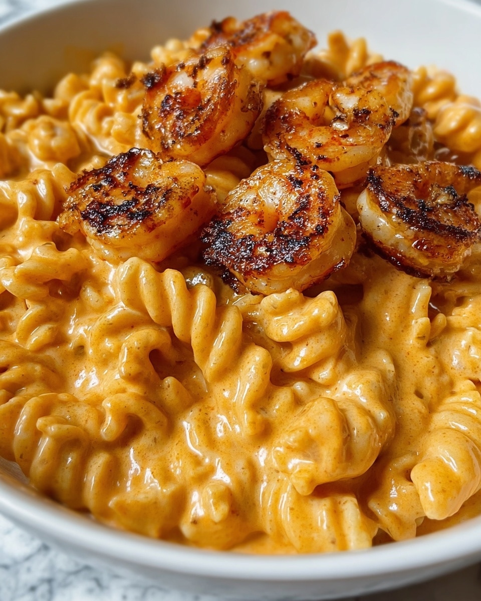 The image shows a white bowl filled with creamy pasta and shrimp. The bottom layer is spiral-shaped pasta coated in a rich, orange creamy sauce. On top, there is a layer of grilled shrimp with a golden-brown sear, adding a slightly crispy texture. The mixture appears well-coated, with the sauce smoothly covering the pasta and shrimp. The bowl is held by a woman's hand, and the background is a white marbled texture. photo taken with an iphone --ar 4:5 --v 7