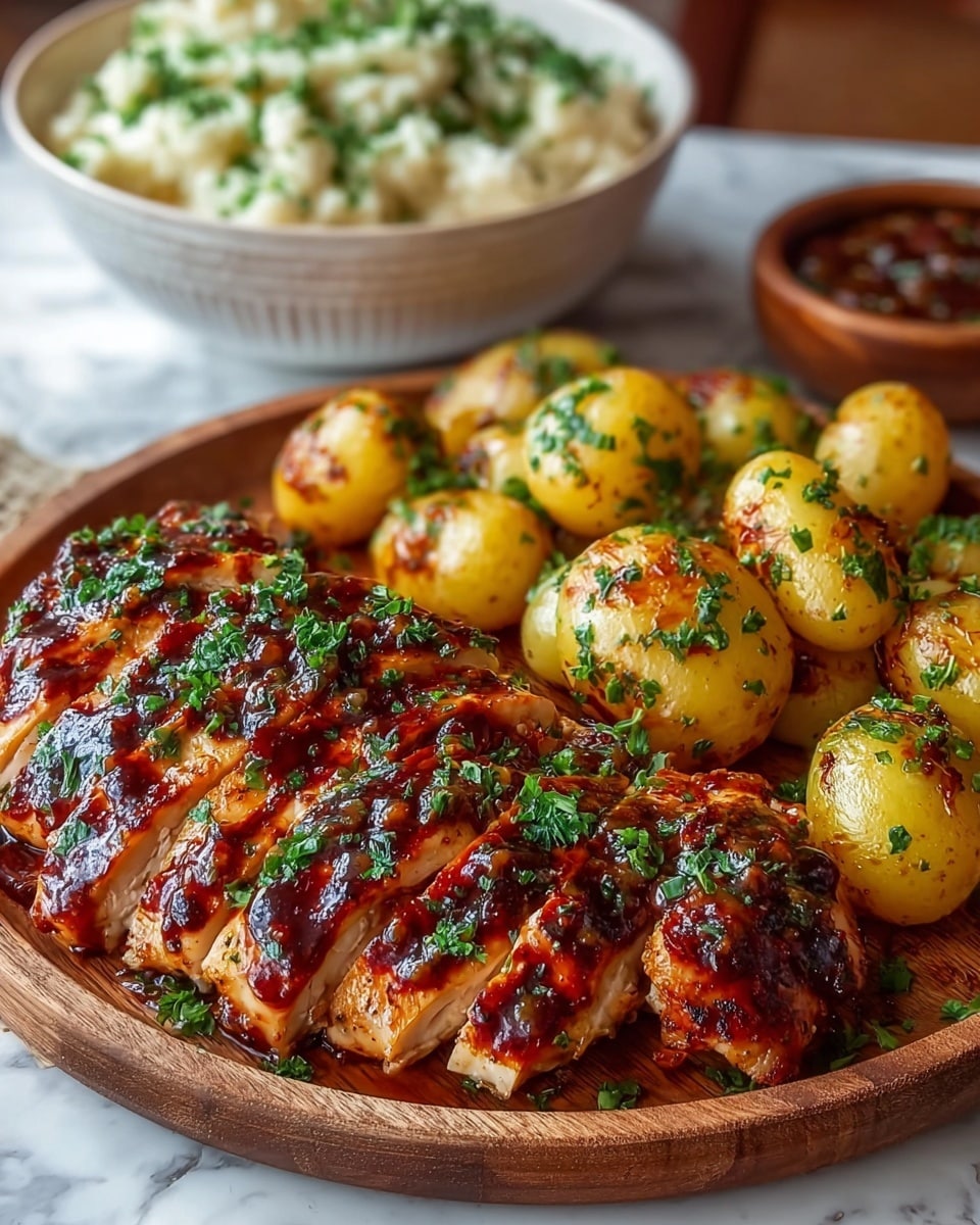The dish shows a round wooden plate with two main parts: on the left, a sliced piece of grilled chicken breast covered in red sauce and sprinkled with green herbs, showing four thick slices with a moist texture inside; on the right, small golden-yellow roasted potatoes, each topped lightly with white creamy sauce and green herbs, arranged in a cluster. In the background, a wooden bowl with more potatoes in creamy sauce is visible, and a woman's hand is picking one potato. The setting includes a wooden table with a gray cloth napkin under the plate and a white marbled surface behind. photo taken with an iphone --ar 4:5 --v 7