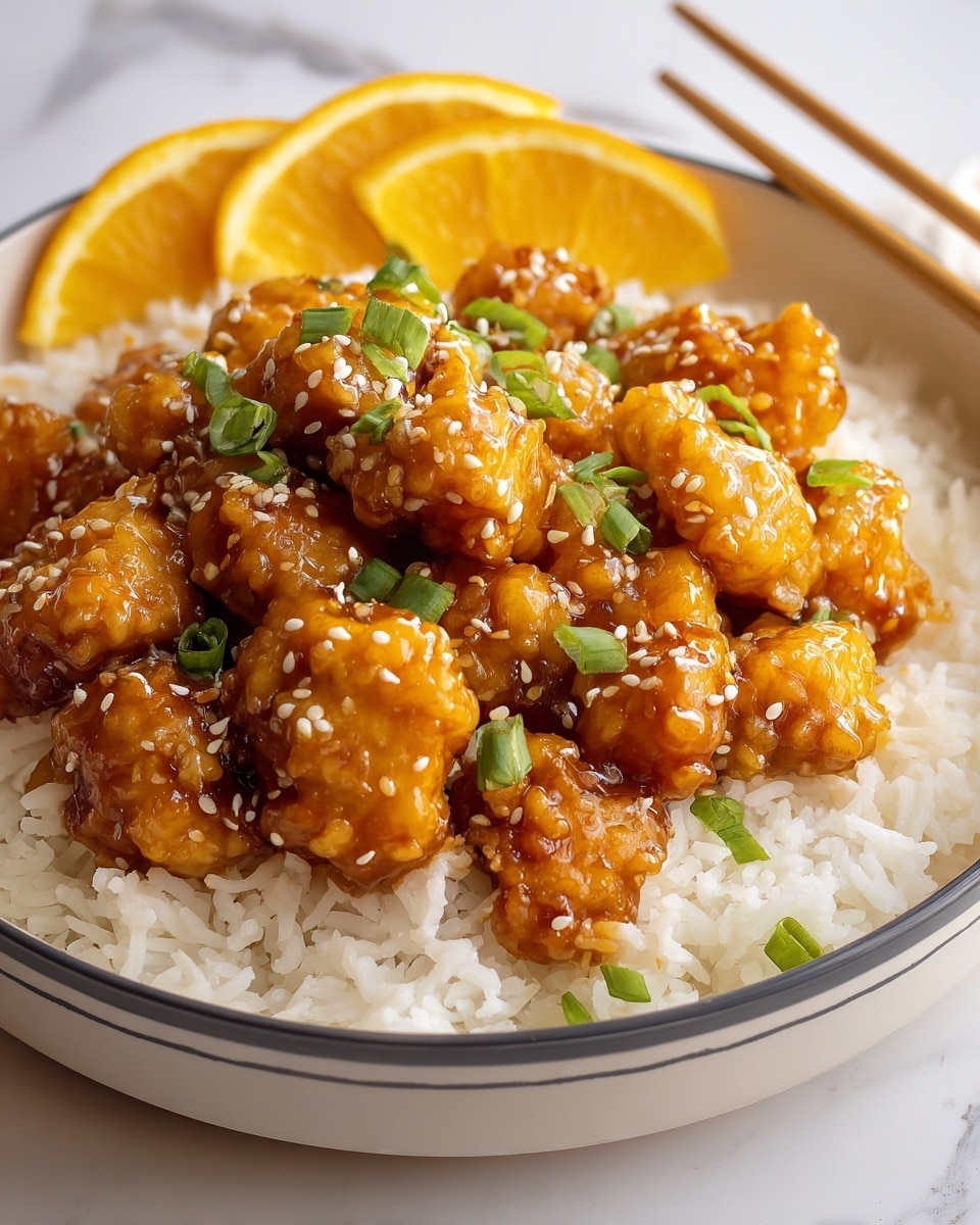 A white bowl with a thin dark rim holds a bed of fluffy white rice as the bottom layer, topped with a generous pile of golden brown crispy chicken pieces coated in a shiny orange glaze. Scattered across the chicken are small white sesame seeds and chopped bright green onions that add contrast and freshness. In the background of the bowl, three bright yellow lemon wedges are positioned along the edge of the rice. The bowl sits on a white marbled surface with a beige textured cloth partially visible on the side. photo taken with an iphone --ar 4:5 --v 7