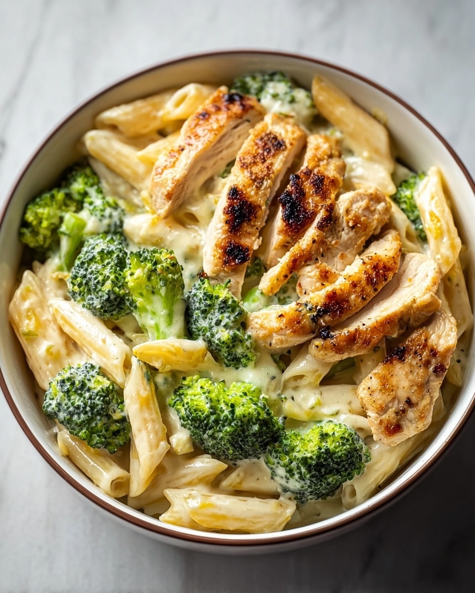 A close-up view of a creamy pasta dish in a round white bowl, showing three main layers: the base is penne pasta in pale yellow with a smooth texture, mixed with bright green broccoli florets that add a fresh, bumpy texture; on top are golden-brown grilled chicken strips with some charred spots, coated lightly in a thick white creamy sauce that clings to all parts of the dish, giving a rich and glossy look. The bowl is placed on a white marbled surface that contrasts softly with the colors of the food. photo taken with an iphone --ar 4:5 --v 7