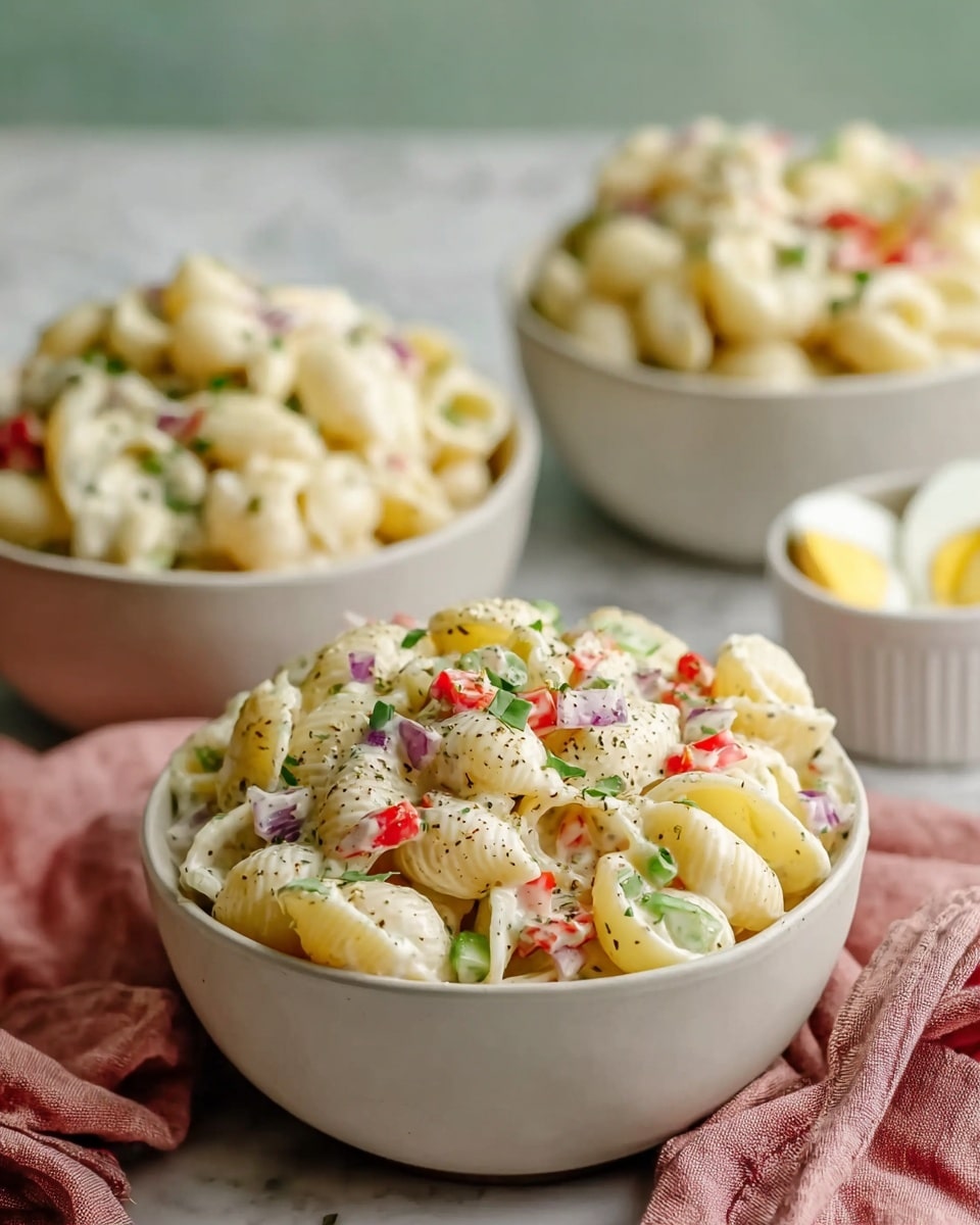 A close-up of a bowl filled with three layers of creamy pasta salad made with shell-shaped pasta. The pasta is coated in a thick, white, creamy dressing speckled with black pepper. Mixed into the pasta are small, colorful pieces of red bell peppers, green celery, and red onions. The bowl is white and resting on a white marbled surface with a light pink cloth beside it. In the background, two more bowls of the same pasta salad can be seen out of focus, along with a small white bowl holding halves of boiled eggs. photo taken with an iphone --ar 4:5 --v 7