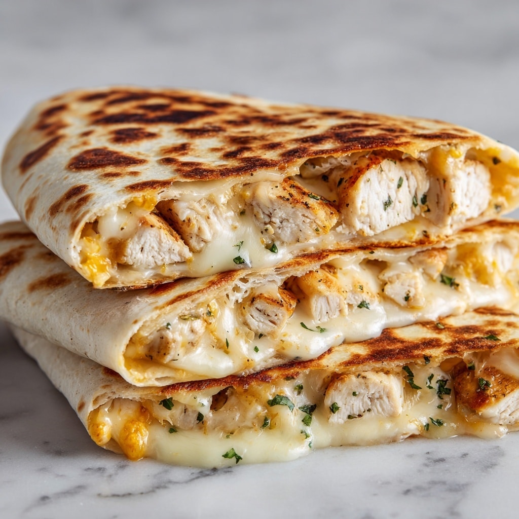 Two folded quesadilla halves stacked closely on each other show layers of grilled chicken pieces with a golden-brown sear, melted creamy white and yellow cheese with a smooth, gooey texture, and small green herb sprinkles, all wrapped in a lightly toasted white flour tortilla with golden brown spots and a soft, slightly crispy texture. The filling is visibly oozing out, showing a rich, cheesy, and juicy interior, all set against a white marbled texture. photo taken with an iphone --ar 4:5 --v 7