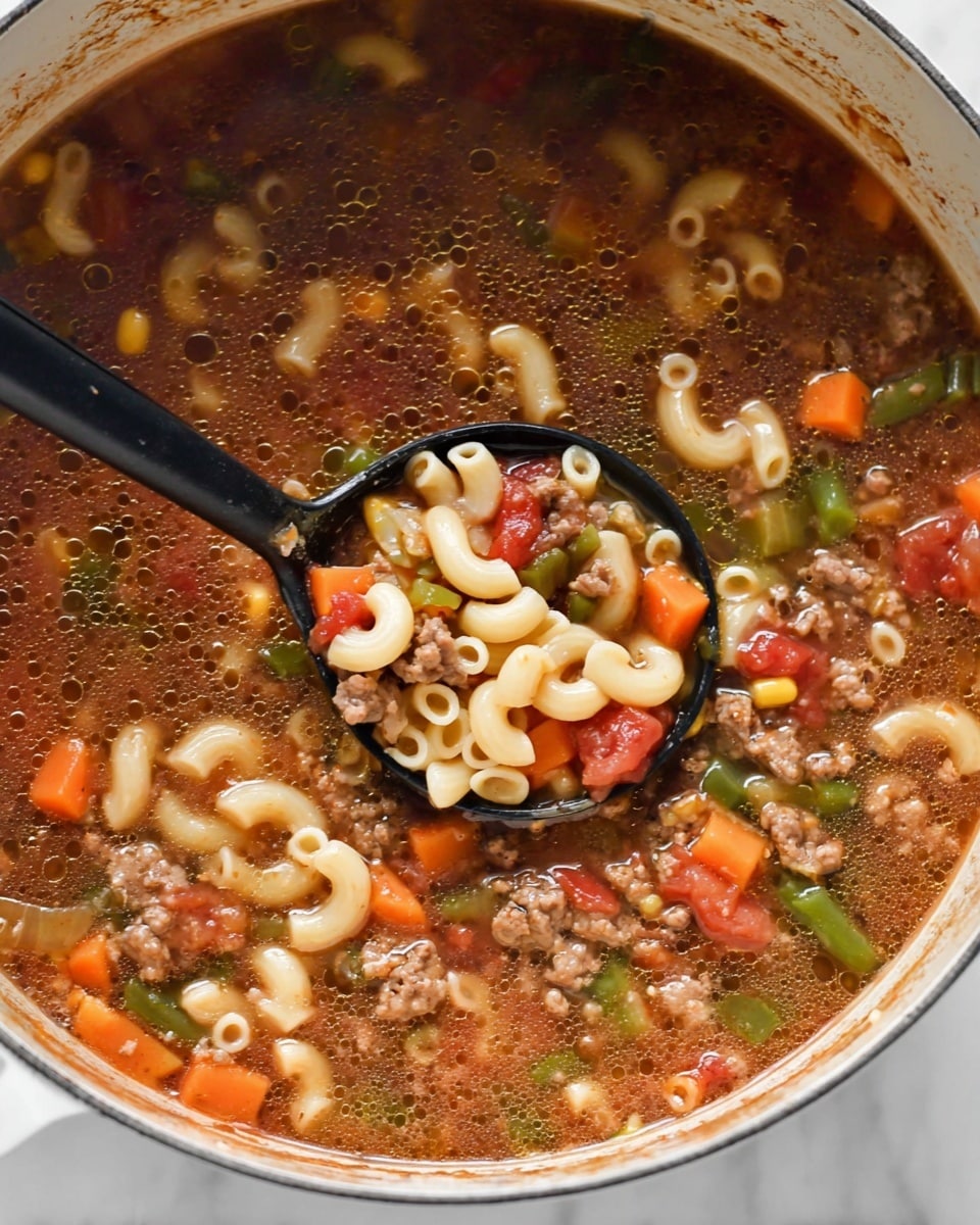 A close-up view of a pot filled with chunky vegetable and beef soup. The soup has three main layers: a deep brown liquid broth base with small bubbles on the surface, a thick layer of cooked macaroni noodles that are pale yellow and curved, and a mix of vibrant vegetables including diced red tomatoes, orange carrots, green beans, peas, and corn scattered throughout. There are also small chunks of browned ground beef and translucent pieces of cooked onion mixed evenly. A black soup ladle scoops some of the soup, lifting out pieces of tomato, macaroni, and beef. The pot is white with soup stains along the inside rim, placed on a white marbled textured surface. photo taken with an iphone --ar 4:5 --v 7