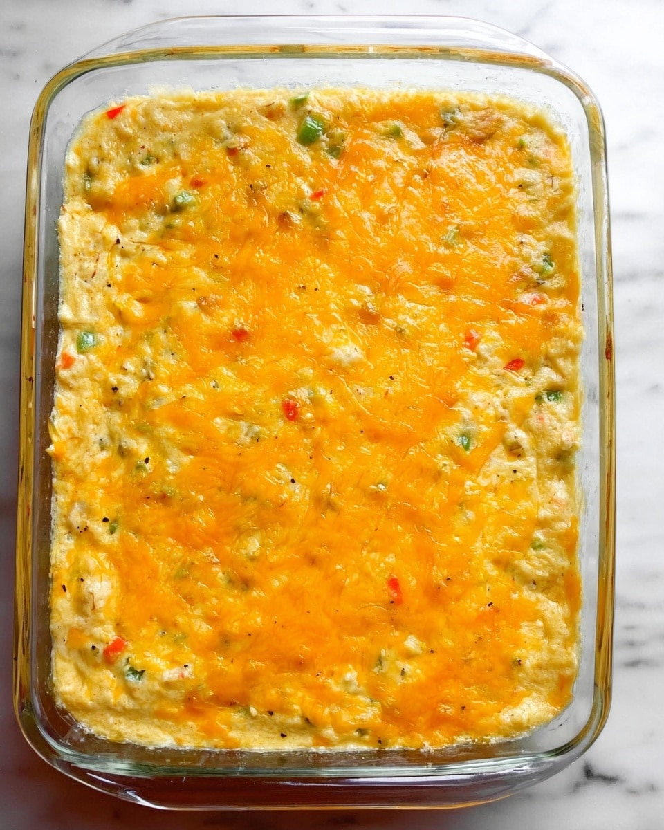 The image shows a clear glass baking dish filled with a creamy casserole topped with melted golden-yellow cheddar cheese. A black spatula lifts a portion from the dish, revealing multiple layers: a smooth layer of melted cheese on top, beneath which is a thick, creamy mixture dotted with small chunks of vegetables like light green celery and orange carrots, and bits of meat. The casserole has a soft, moist texture with a cheesy surface that stretches slightly as the spatula lifts the portion. The dish rests on a white marbled surface, and the lighting brings out the warm, inviting colors of the cheesy topping and creamy filling. Photo taken with an iphone --ar 4:5 --v 7