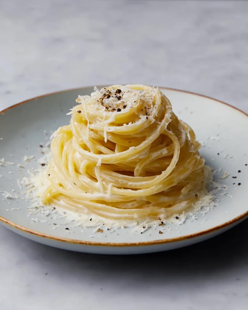 A small, neat pile of light yellow spaghetti sits in the center of a white plate with a subtle texture and thin rim. The spaghetti is coated in a creamy pale sauce that pools slightly underneath, creating a smooth base layer. On top, there is a thin sprinkle of fine, white grated cheese and a few scattered black pepper flakes, adding contrast. The plate rests on a white marbled texture surface, offering a clean and bright setting. Photo taken with an iphone --ar 4:5 --v 7