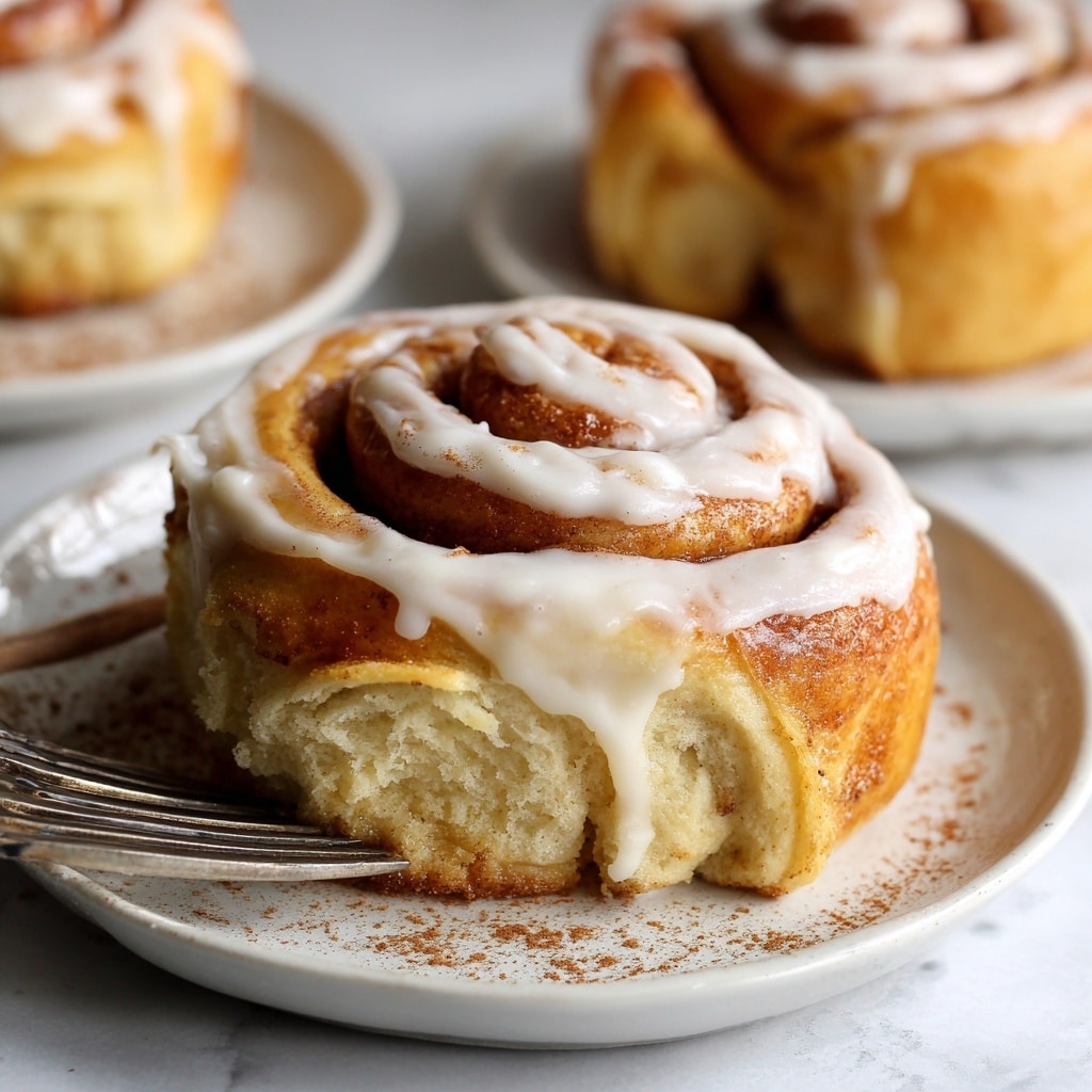 A close-up view of a cinnamon roll on a white plate with soft edges, showing three visible spiral layers of golden-brown dough with a light, fluffy texture. The top layer is thickly coated with creamy white icing that drips slightly down the sides, adding shine and smoothness. The plate has a light dusting of cinnamon powder around the roll. Part of a metal fork is seen on the left side of the plate, and the background shows more cinnamon rolls softly blurred on a white marbled surface. Photo taken with an iphone --ar 4:5 --v 7