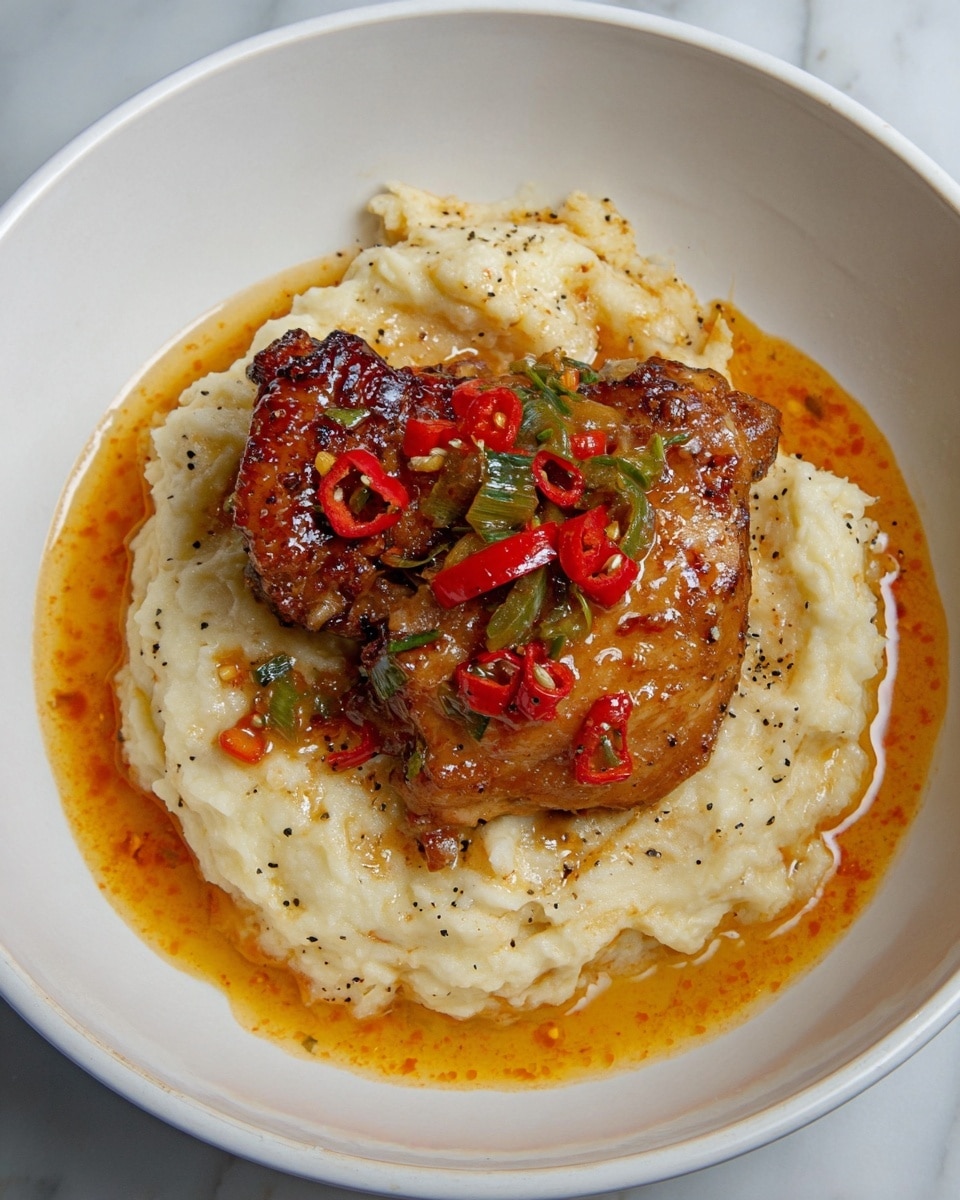 A white shallow bowl holds a dish with two main layers; the bottom layer is a thick, creamy mashed potato mix with a slightly chunky texture and a pale off-white color, lightly speckled with black pepper. On top rests a crispy, golden-brown cooked chicken thigh with a glossy glaze, garnished with pieces of red and green peppers. Surrounding the mashed potatoes is a bright orange oily sauce that adds shine and contrast to the dish. The entire setting is placed on a white marbled textured surface. photo taken with an iphone --ar 4:5 --v 7