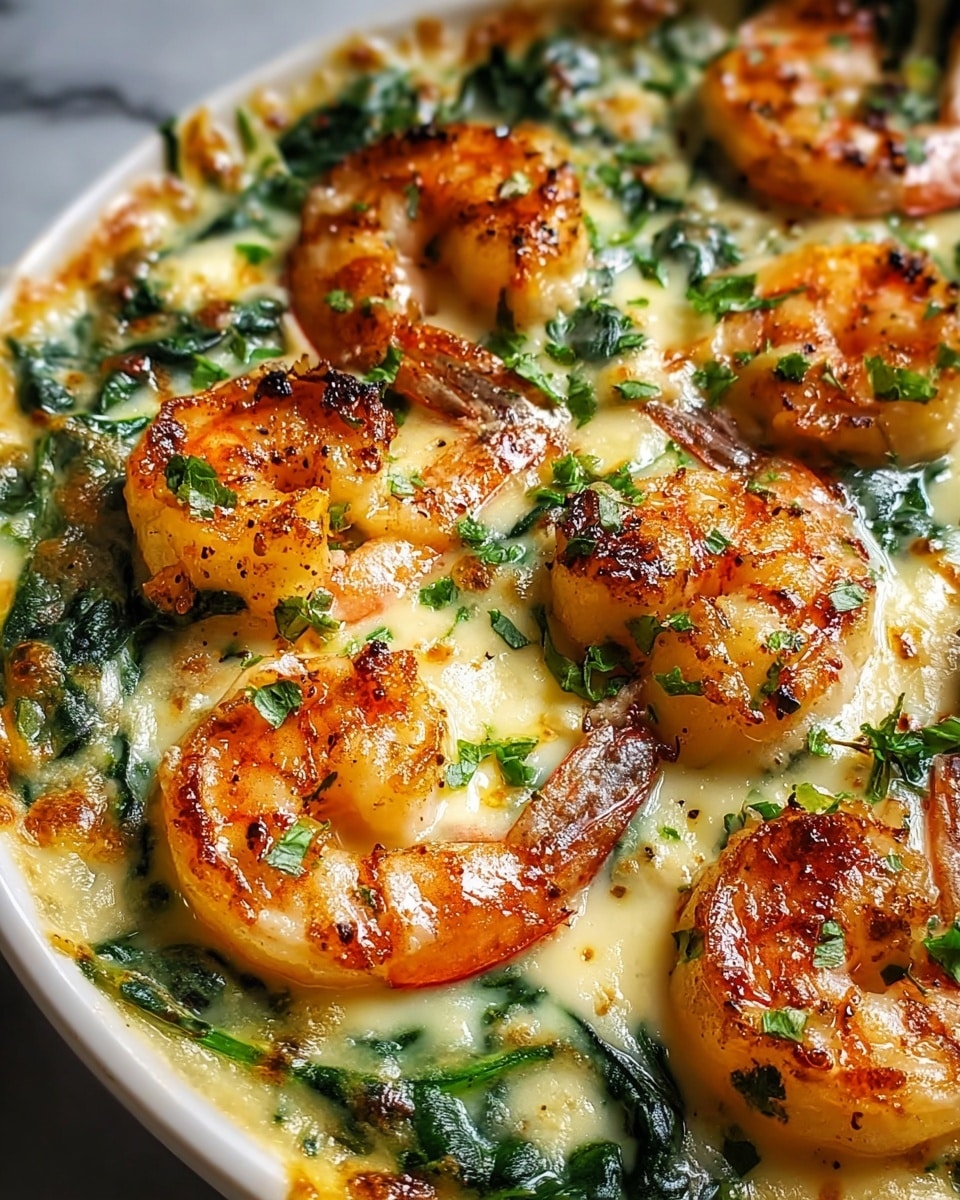 A close-up view of a creamy shrimp dish shows a base layer of melted cheese mixed with wilted spinach, creating a smooth, pale yellow and green texture. On top, large grilled shrimp are scattered, each golden-orange with slight char marks and bits of green herbs sprinkled over them. The shrimp’s crisp edges and juicy bodies contrast with the soft cheesy spinach beneath. The entire dish sits on a white marbled surface. photo taken with an iphone --ar 4:5 --v 7