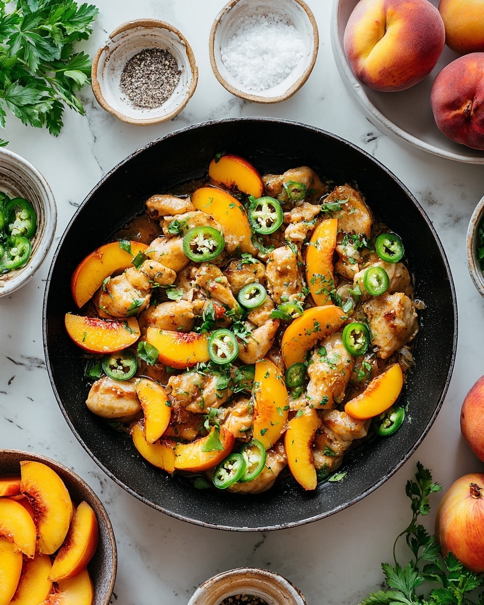 A black pan filled with pieces of golden-brown cooked chicken, topped with bright orange peach slices and vibrant green jalapeño rings scattered evenly across the surface, with a light glaze giving a slight shine. Fresh green parsley leaves are sprinkled on top, adding a fresh texture. Around the pan are small bowls filled with coarse salt, black pepper, and fresh parsley, all placed on a white marbled texture. Whole peaches and a bowl of halved peaches sit nearby, showing their bright orange inside and smooth skin. Photo taken with an iphone --ar 4:5 --v 7