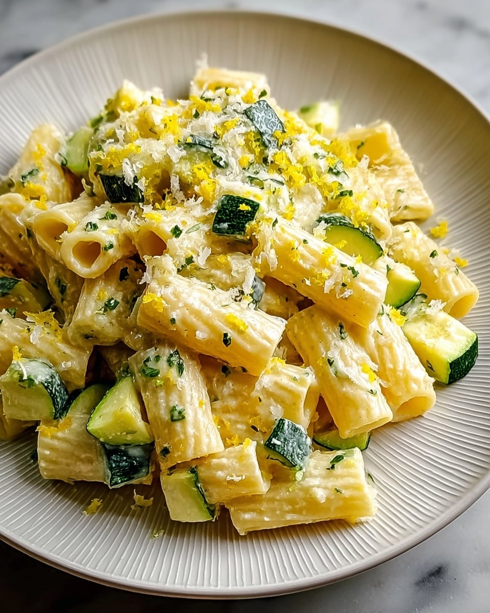 The dish shows a close-up of rigatoni pasta coated in a light, creamy sauce mixed with small green zucchini pieces. The pasta is pale yellow with a smooth, slightly glossy texture, and the zucchini cubes are a fresh dark green with a soft interior. The pasta and zucchini are garnished with finely grated white cheese and small bits of yellow zest scattered on top. The food is served on a white plate with a subtle textured edge, resting on a white marbled surface. The overall look is fresh, creamy, and appetizing. photo taken with an iphone --ar 4:5 --v 7