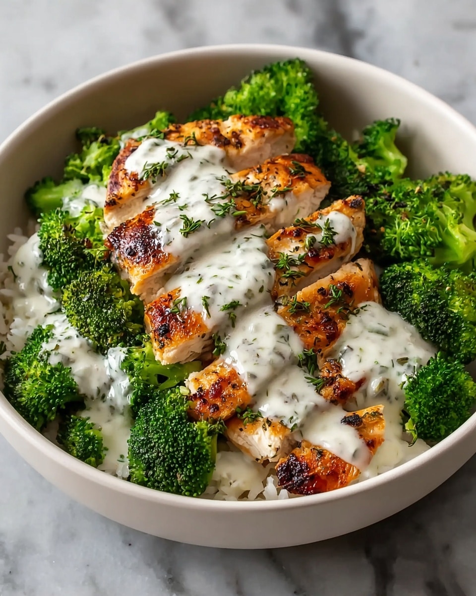 A white bowl holds a layered dish starting with a base of light beige rice, topped with bright green broccoli florets arranged around the edges. On top of the broccoli and rice, there are thick slices of grilled chicken breast, showing clear dark grill marks and a golden-brown color. The dish is finished with a creamy white sauce drizzled over the chicken, sprinkled with small green herb pieces. The bowl sits on a white marbled surface. photo taken with an iphone --ar 4:5 --v 7