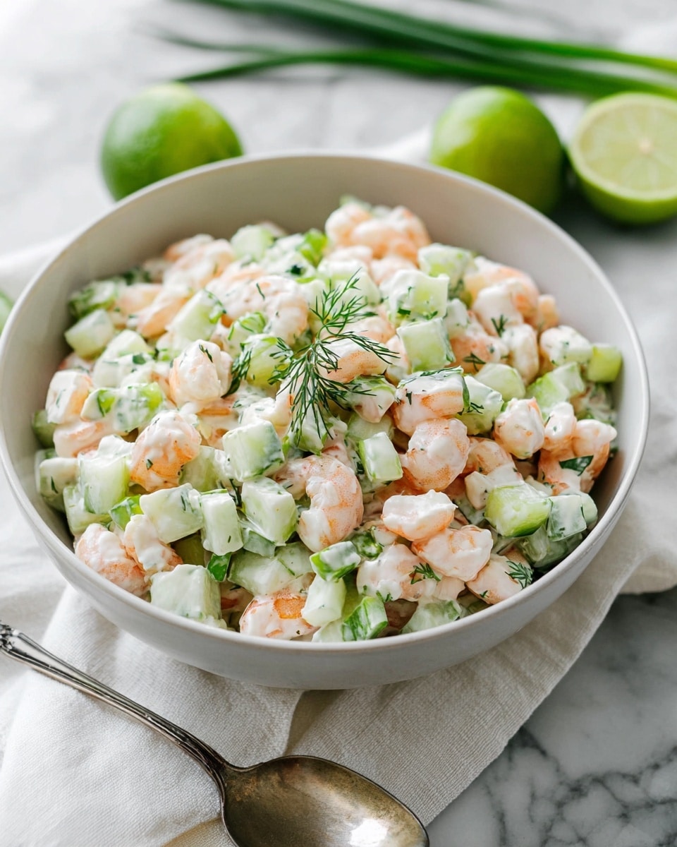 The image shows a close-up of a fresh shrimp salad with three main visible layers: small pieces of light pink shrimp with a slight orange tint, pale green cucumber cubes with darker green edges, and chopped green onions in various green shades. The shrimp and veggies are mixed in a creamy white dressing that lightly coats each piece. Some green dill sprigs are sprinkled across, adding thin dark green patches. The background features a smooth white marbled texture. photo taken with an iphone --ar 4:5 --v 7
