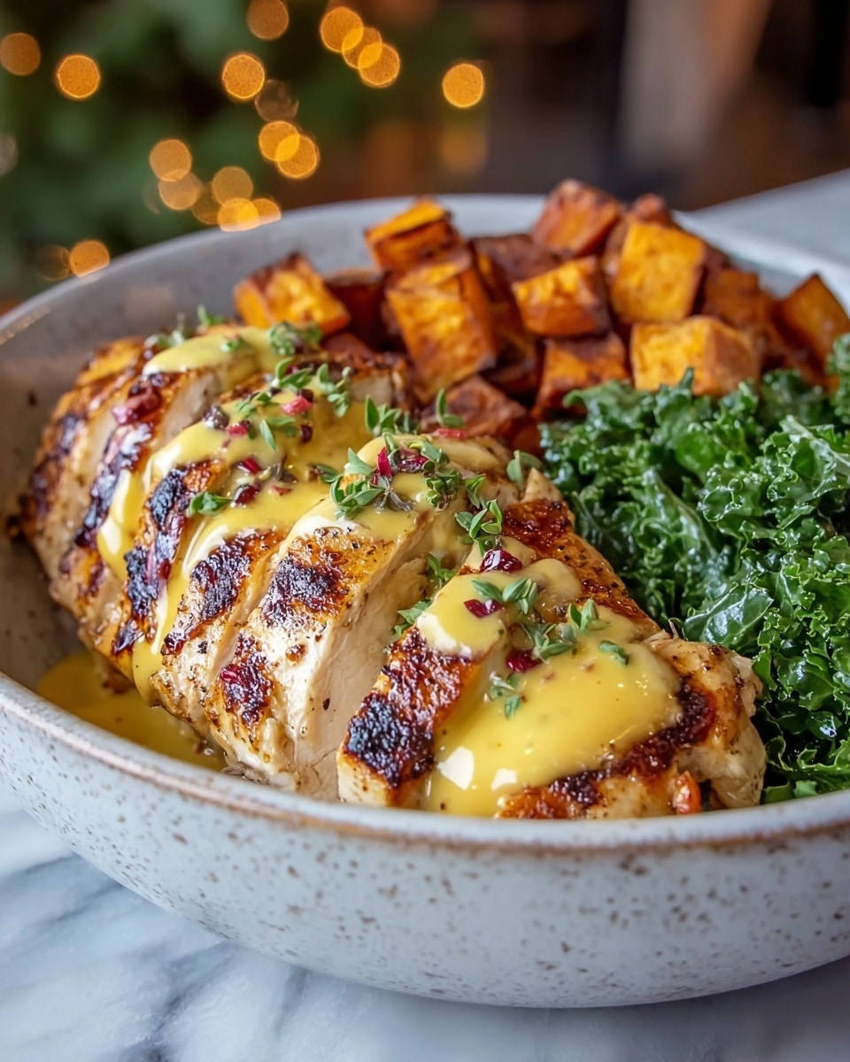 The dish shows a white bowl filled with three main layers: the front layer has grilled chicken breast sliced into several pieces with a golden-brown crust, topped with a yellow sauce and small green herb leaves scattered on top; behind the chicken, there is a layer of roasted sweet potato cubes, showing a dark orange color with slightly charred edges; the last layer on the right side has fresh curly dark green kale leaves. The bowl is placed on a white marbled surface, and the image captures warm lighting in the background. Photo taken with an iphone --ar 4:5 --v 7
