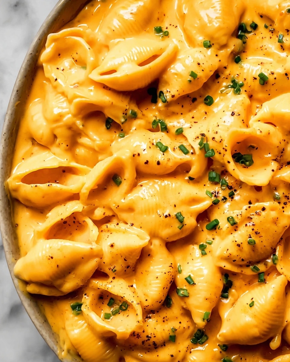 This image shows a close-up of many small shell-shaped pasta pieces covered in a thick, creamy, bright orange cheese sauce. The pasta shells have a smooth, slightly shiny texture, and the cheese sauce looks rich and smooth, filling the crevices of the shells. Small pieces of green chopped chives are scattered over the top, adding a hint of contrast. There are also tiny black specks of ground pepper sprinkled lightly across the dish. The pasta fills the entire frame, and the background is a white marbled texture. photo taken with an iphone --ar 4:5 --v 7