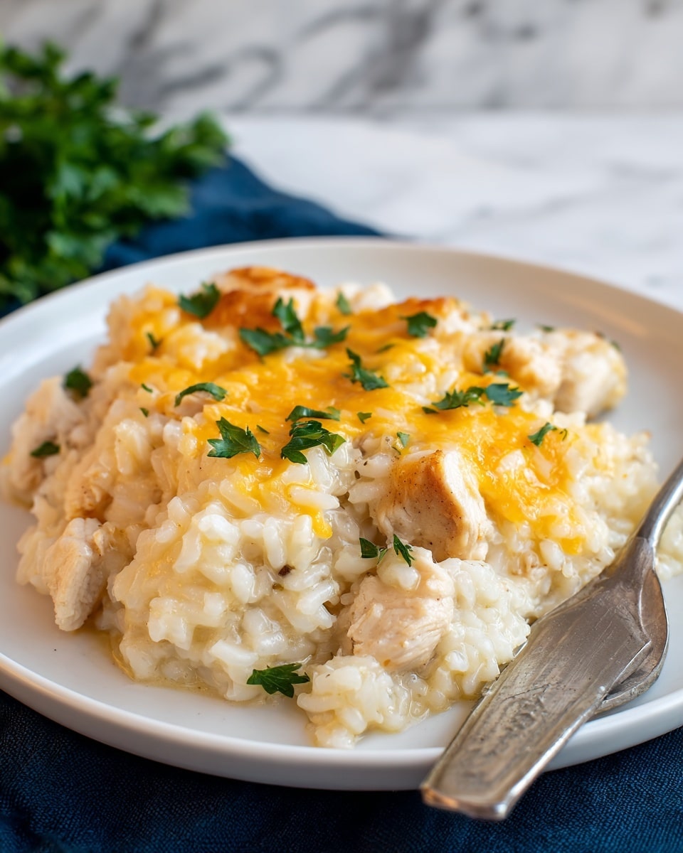 The image shows a white plate filled with a creamy, thick layer of cooked rice mixed with chunks of tender light brown chicken pieces. On top, there is a slightly browned, melted layer of golden-yellow cheese, scattered with bright green parsley leaves. The rice looks soft and moist, with a smooth texture, while the cheese has a bubbly, slightly crisped surface. A silver fork rests on the right side of the plate, which sits on a dark blue cloth, with a white marbled background softly visible behind. Photo taken with an iphone --ar 4:5 --v 7