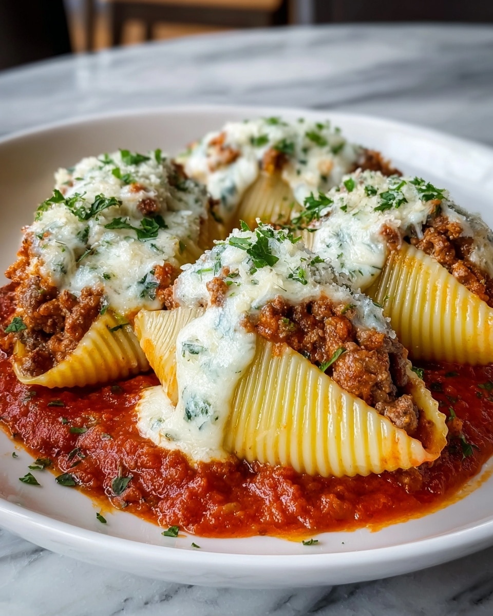 Three large rigatoni pasta tubes are stuffed with creamy white cheese filling, laid in a row on a white plate. Each tube is topped with chunky deep red meat sauce that drizzles down the sides. A layer of melted white cheese covers the top, blending with the sauce. The dish is sprinkled with crumbly grated cheese and fresh green chopped herbs. The pasta shows a ridged texture, and the sauce is rich and thick, pooling slightly on the white marbled surface below. Photo taken with an iphone --ar 4:5 --v 7