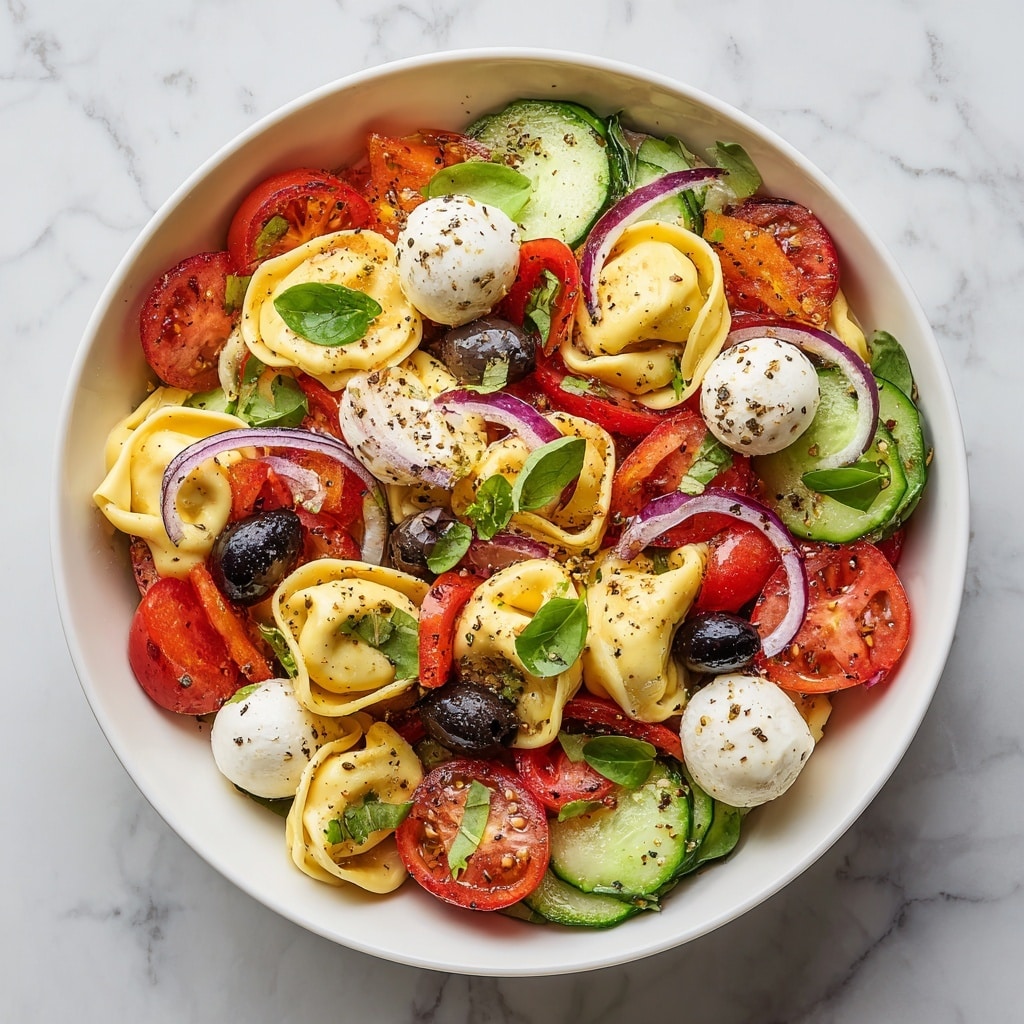 A white bowl filled with a colorful tortellini salad sits on a white marbled surface. The bottom layer of the salad is slices of fresh green cucumber and red diced pepper, topped with bright red halved cherry tomatoes. Resting above are pale yellow cheese-filled tortellini, round white mozzarella balls, and shiny black olives. Scattered among the layers are small fresh green basil leaves and thin slices of purple onion, all sprinkled with coarse black pepper and herbs. The overall look is fresh and vibrant, with textures ranging from soft mozzarella to firm vegetables. photo taken with an iphone --ar 4:5 --v 7
