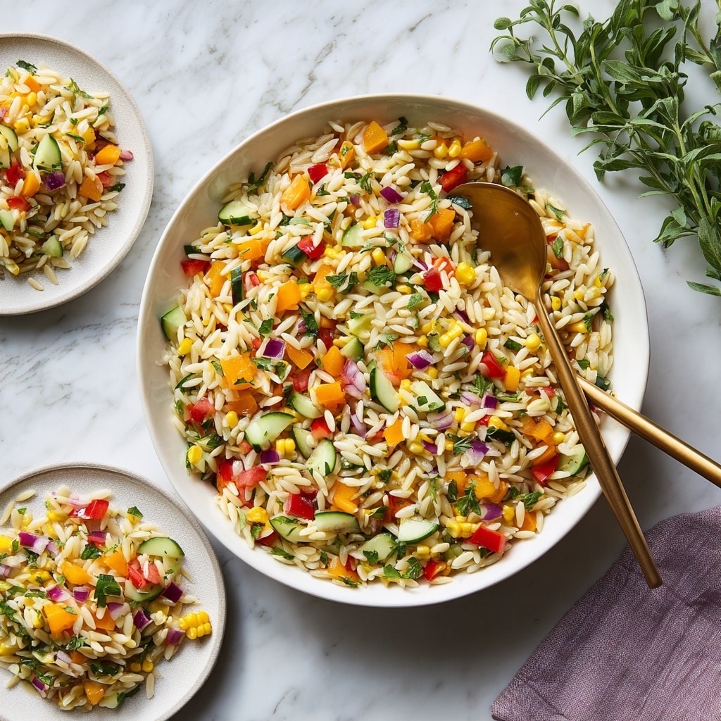 A close-up view of a white bowl filled with a colorful orzo salad that has about five visible layers of ingredients mixed together: small white orzo pasta pieces, bright yellow corn kernels, finely chopped red bell peppers, small diced orange bell peppers, tiny green cucumber chunks, and bits of red onion, all garnished with chopped green herbs. A gold spoon rests inside the bowl on the right side. The bowl is set on a white marbled surface with half a lemon and some green leaves in the blurred background. photo taken with an iphone --ar 4:5 --v 7