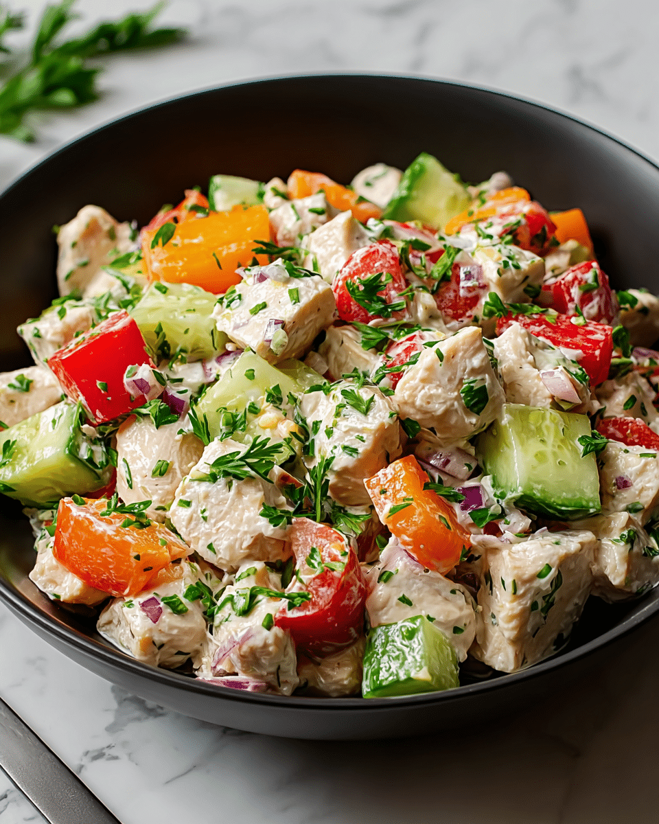 A close-up photo shows a bowl filled with a colorful salad made of roughly chopped white crumbly cheese, bright red and orange tomato pieces, and thick green cucumber slices. Fresh green herbs are sprinkled all over, adding more color and texture. The salad is served in a white bowl, placed on a white marbled surface with some parsley leaves and whole small tomatoes nearby. The vibrant mix of creamy, crisp, and fresh ingredients creates a textured and inviting look. Photo taken with an iphone --ar 4:5 --v 7