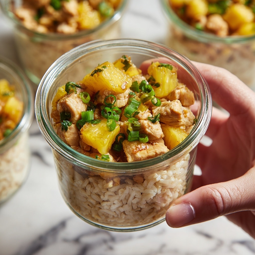 A close-up of a clear square glass container filled with two layers: the bottom layer is light beige cooked rice and the top layer is a mix of golden brown chicken pieces and bright yellow pineapple chunks with small green scallion slices scattered on top. A silver fork, held by a woman's hand at the lower right, lifts a bite showing a mix of chicken, pineapple, and rice close to the camera. In the background, two similar containers with the same food are out of focus on a white marbled surface, with small yellow pineapple pieces scattered around. Photo taken with an iphone --ar 4:5 --v 7