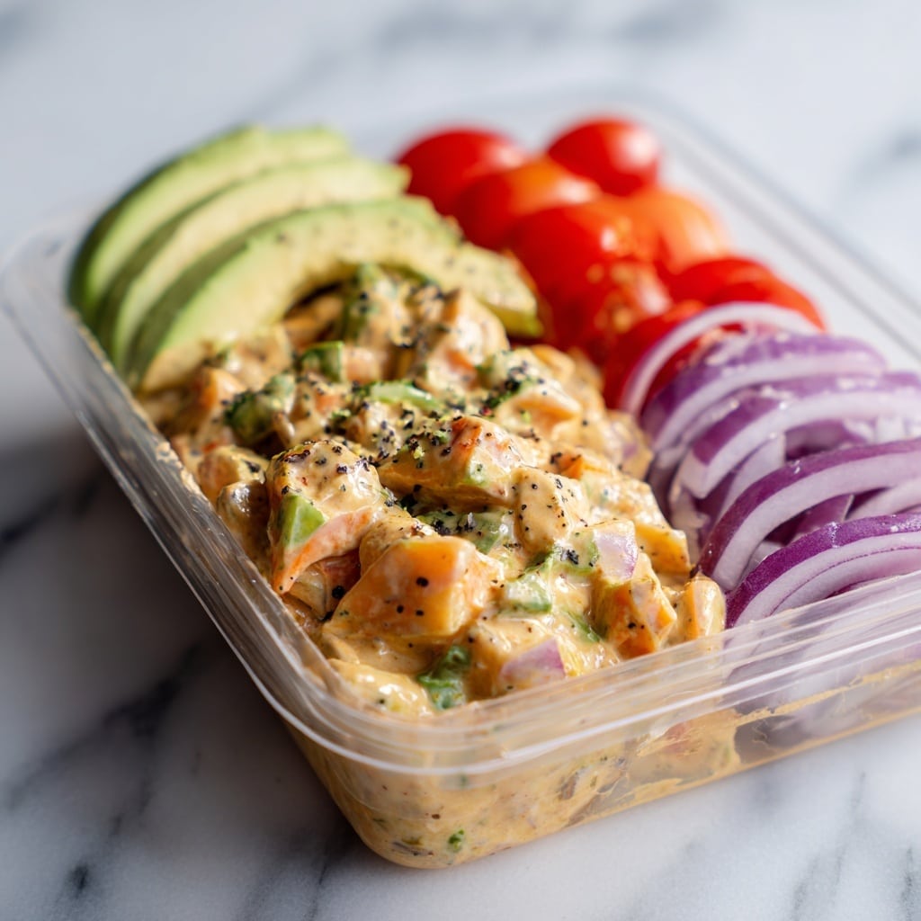 Two glass food containers sit on a white marbled surface with a white cloth underneath. Each container holds a neatly divided salad in three sections: slices of ripe avocado with green and creamy yellow shades on the top left, thin rings of purple-red onion placed to the right center, and bright red cherry tomato halves filling the far right side. On the left front, there is a creamy salad made of chopped boiled eggs, celery, and herbs mixed in a pale yellow sauce with green flecks. The containers are identical and arranged one above the other. Photo taken with an iphone --ar 4:5 --v 7