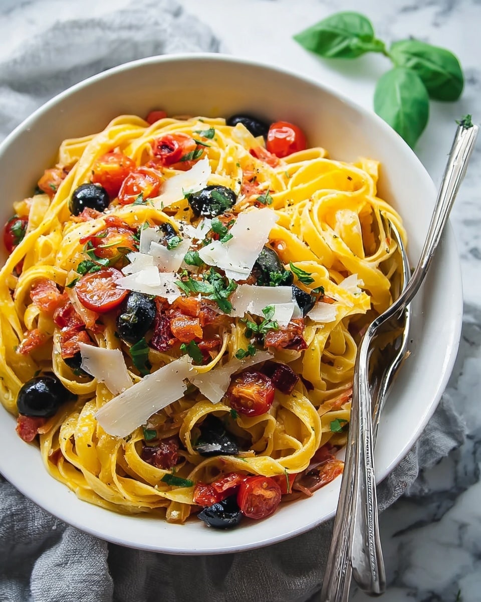 A white bowl filled with three layers of pasta and toppings sits on a white marbled surface with a light gray cloth beneath. The bottom layer consists of golden-yellow cooked fettuccine noodles twisted loosely. Scattered on top are small red cherry tomato halves and black olive slices, creating a colorful contrast. There are bits of diced tomato and fresh green basil leaves spread evenly over the pasta. The top layer includes thin shavings of pale cream cheese, a light sprinkle of grated cheese, and finely chopped green herbs. Two silver forks rest inside the bowl, slightly hidden by the pasta. photo taken with an iphone --ar 4:5 --v 7