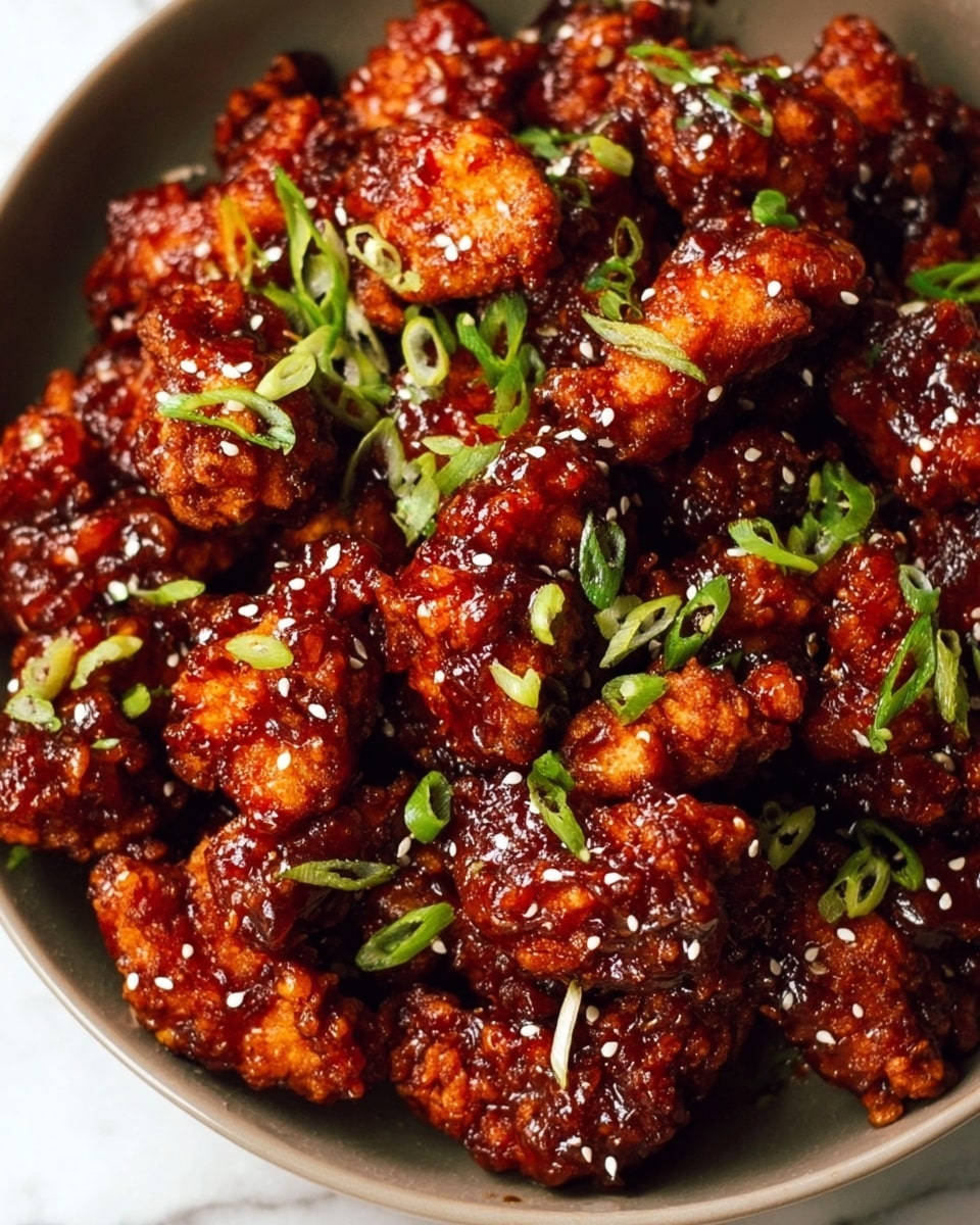 A close-up view of crispy fried chicken pieces covered in a thick, shiny, dark reddish-brown sauce, piled in a round white bowl. The chicken looks crunchy and sticky with a glaze that highlights the texture, topped with small, bright green chopped scallions and a sprinkle of white sesame seeds scattered evenly over the dish. The bowl sits on a white marbled surface that adds clean contrast to the rich colors of the chicken and toppings. photo taken with an iphone --ar 4:5 --v 7