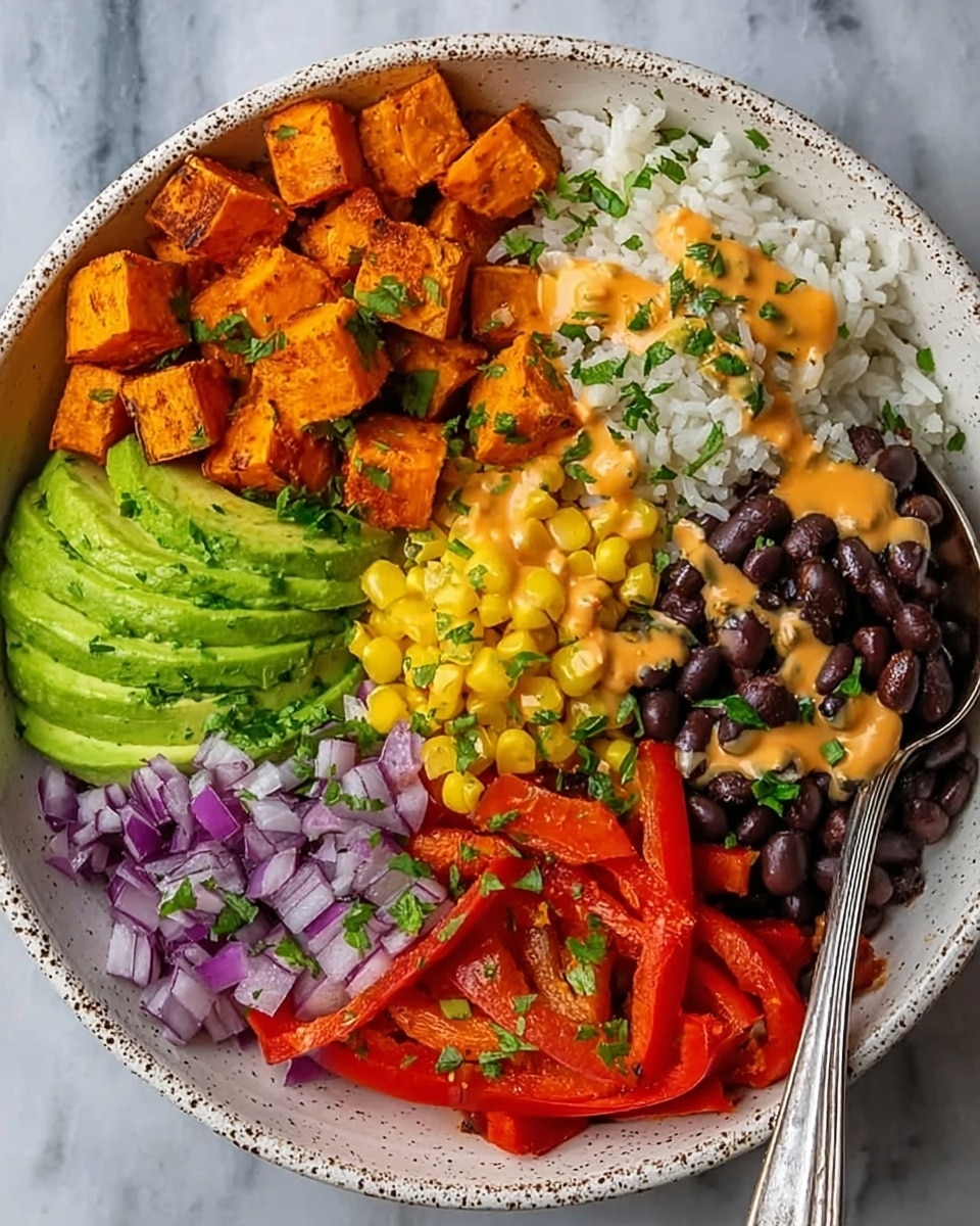 A round bowl filled with layers of food arranged side by side: white rice forming a semicircle at the top, black beans next to the rice, bright yellow corn kernels in the center, and green sliced avocado fanned out on the right side. On the left, orange roasted sweet potato cubes sit beside red bell pepper strips. Chopped red onion pieces lie between the bell pepper and avocado. The entire bowl is lightly drizzled with a pale orange sauce and sprinkled with green herbs. A silver spoon rests inside the bowl on the right. The bowl is placed on a white marbled surface photo taken with an iphone --ar 4:5 --v 7
