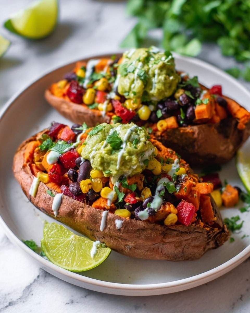 The image shows two baked sweet potatoes, split open and placed on a white plate. Each sweet potato is filled with a colorful mixture of black beans, yellow corn, chopped red tomatoes, and scattered green cilantro leaves. On top of this layer, there is a dollop of bright green guacamole with a creamy white drizzle over the entire filling. Two lime wedges are placed beside the sweet potatoes on the white plate. The plate is set on a white marbled surface with some green cilantro visible in the background. Photo taken with an iphone --ar 4:5 --v 7