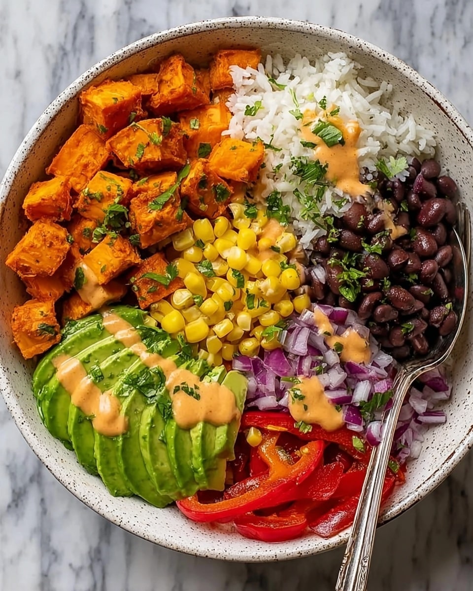 A bowl with six colorful layers arranged side by side: in the top left are orange roasted sweet potato cubes, followed by white cooked rice with some green herbs sprinkled over it; next to rice are black beans with a shiny texture. Below the beans is a bright green fan of sliced avocado. Next to avocado are finely chopped purple-red onions, and next to the onions are slices of red bell pepper. In the middle of the bowl is a small pile of bright yellow corn kernels. The whole bowl is lightly drizzled with a light orange sauce and sprinkled with chopped green herbs. A silver spoon rests on the right side inside the bowl. The bowl is white with a speckled rim, placed on a white marbled surface. photo taken with an iphone --ar 4:5 --v 7