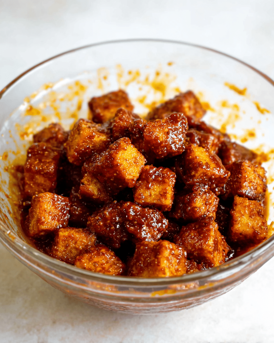 The image shows a clear glass bowl filled with small golden brown cubes that are coated in a thick, rich, dark reddish-brown sauce with a slightly sticky texture. The cubes have a textured surface, indicating a crispy coating, and are piled closely together inside the bowl. The transparent bowl sits on a white marbled surface with some splashes of the sauce visible inside the bowl's sides. photo taken with an iphone --ar 4:5 --v 7