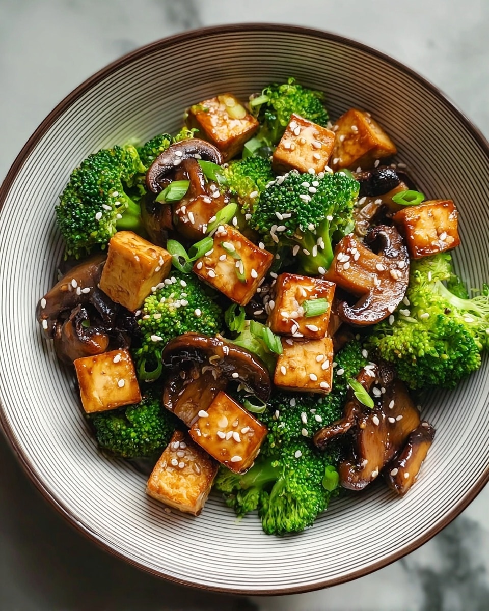 A bowl with a striped pattern holds a food dish with three clear layers: at the bottom is bright green broccoli florets with a fresh texture; the middle layer consists of dark brown sautéed mushroom slices with a shiny glaze; on top are golden brown tofu cubes, slightly crisp on the edges, sprinkled with white sesame seeds and finely chopped green onions. The bowl is placed on a white marbled surface. photo taken with an iphone --ar 4:5 --v 7