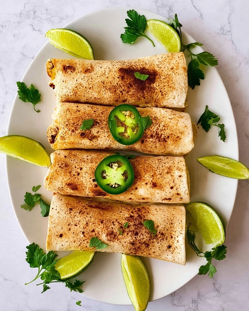 Four rolled burritos with a golden-brown crust and specks of seasoning on top are laid side by side on a white plate. Each burrito is garnished with a green jalapeño slice placed in the center. Around the burritos on the plate are fresh green parsley leaves and four lime wedges placed at the corners and edges. The plate rests on a white marbled texture background. photo taken with an iphone --ar 4:5 --v 7